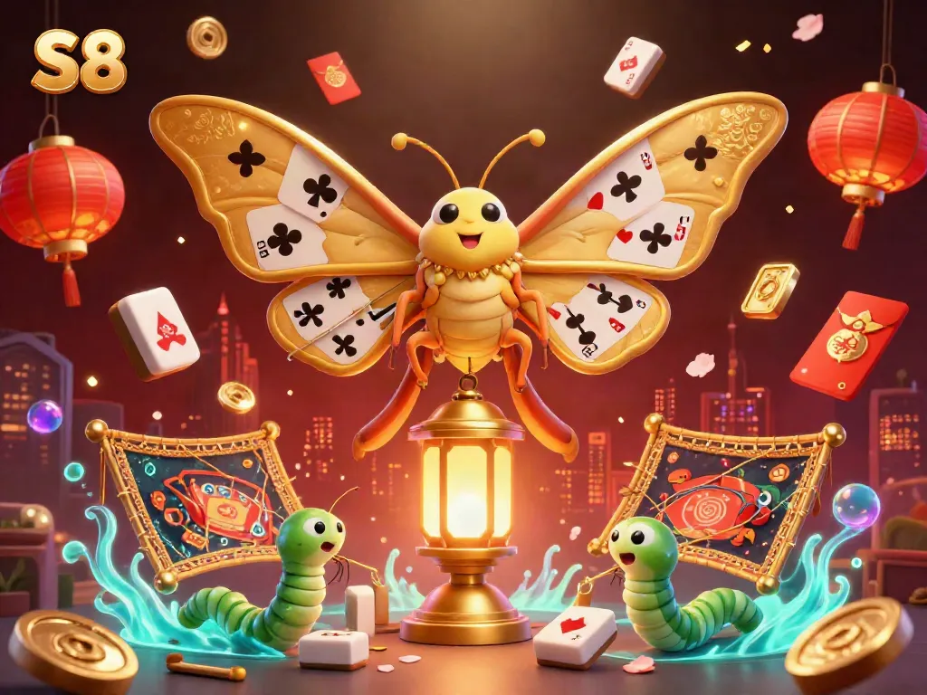 Experience the vibrant S8 casino atmosphere with a detailed 3D moth and golden elements.