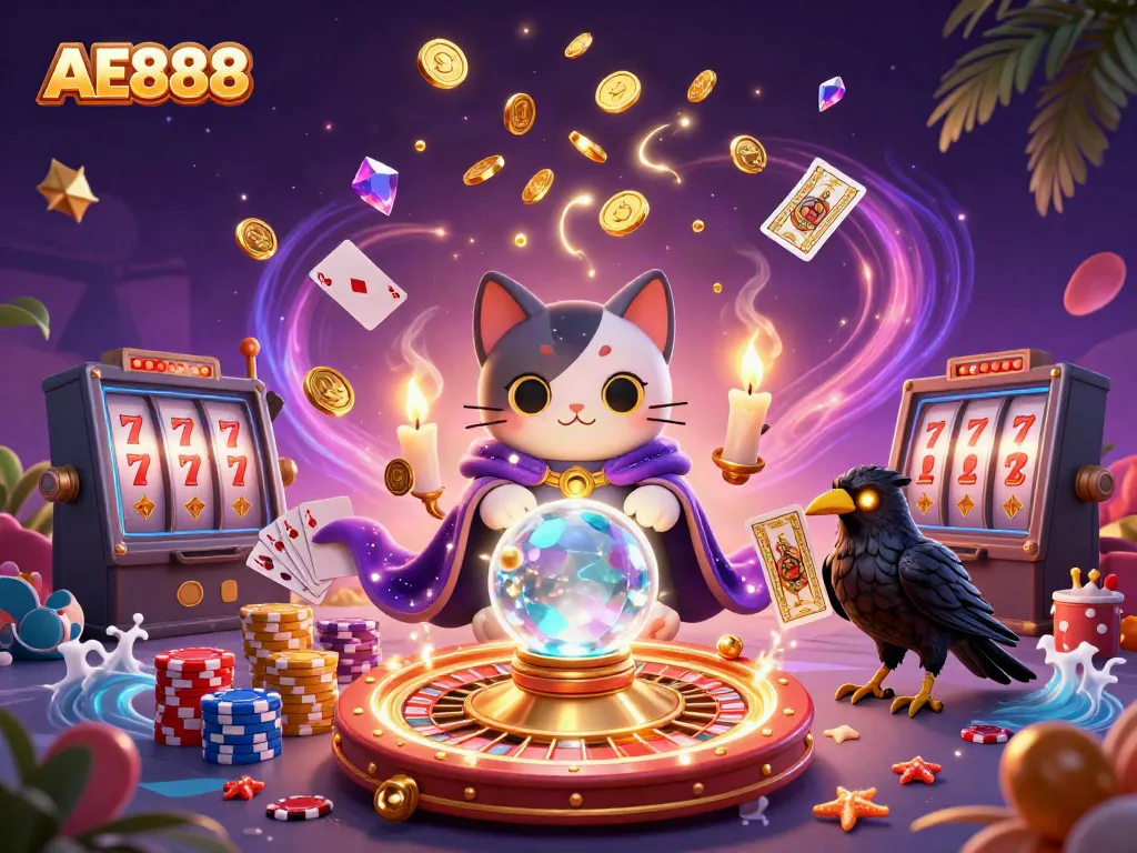 Experience luck with AE888's vibrant casino scene featuring mystical characters and rich game elements.