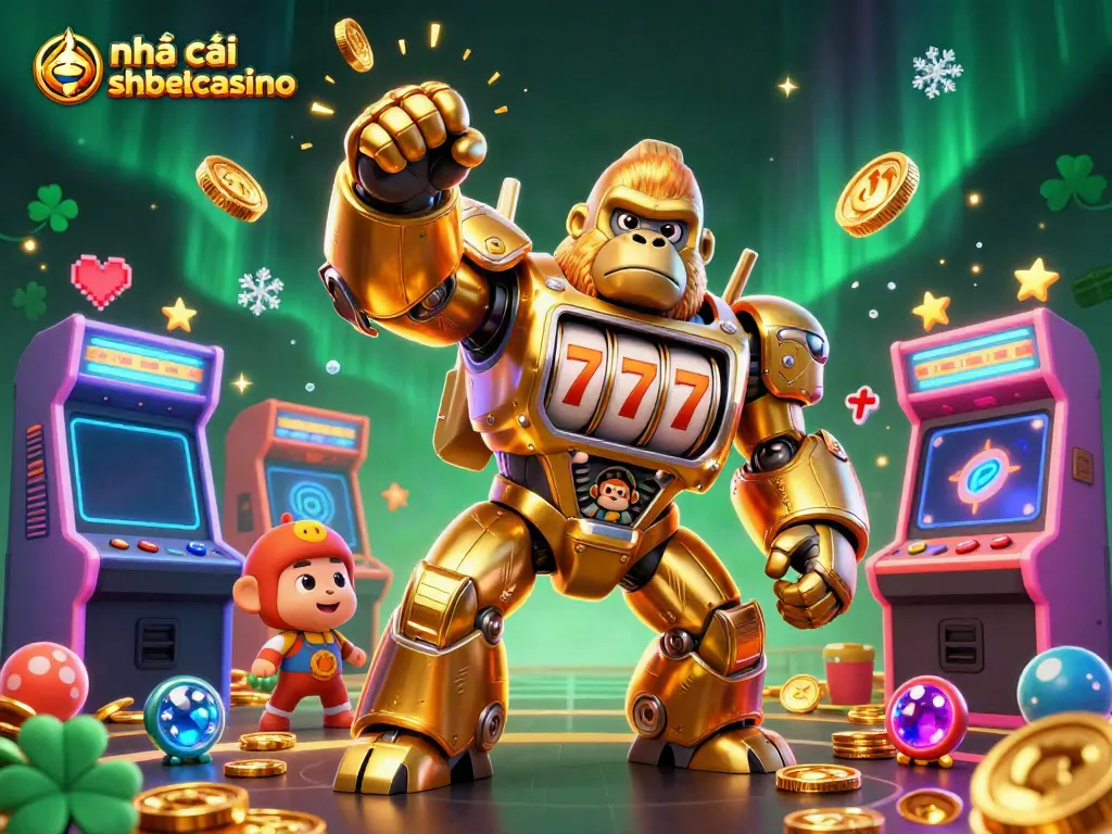 Experience the excitement at nhà cái shbetcasino with a golden gorilla mech and vibrant game elements.