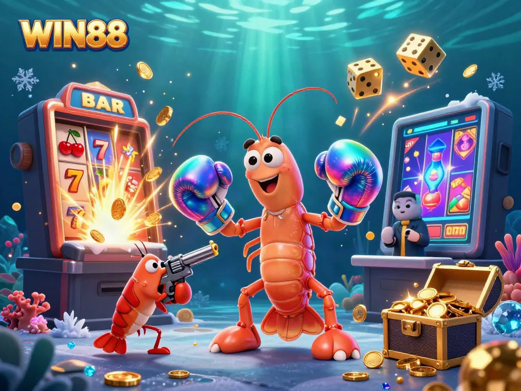 Experience the excitement of WIN88 with vibrant casino themes and dynamic characters in this colorful 3D illustration.