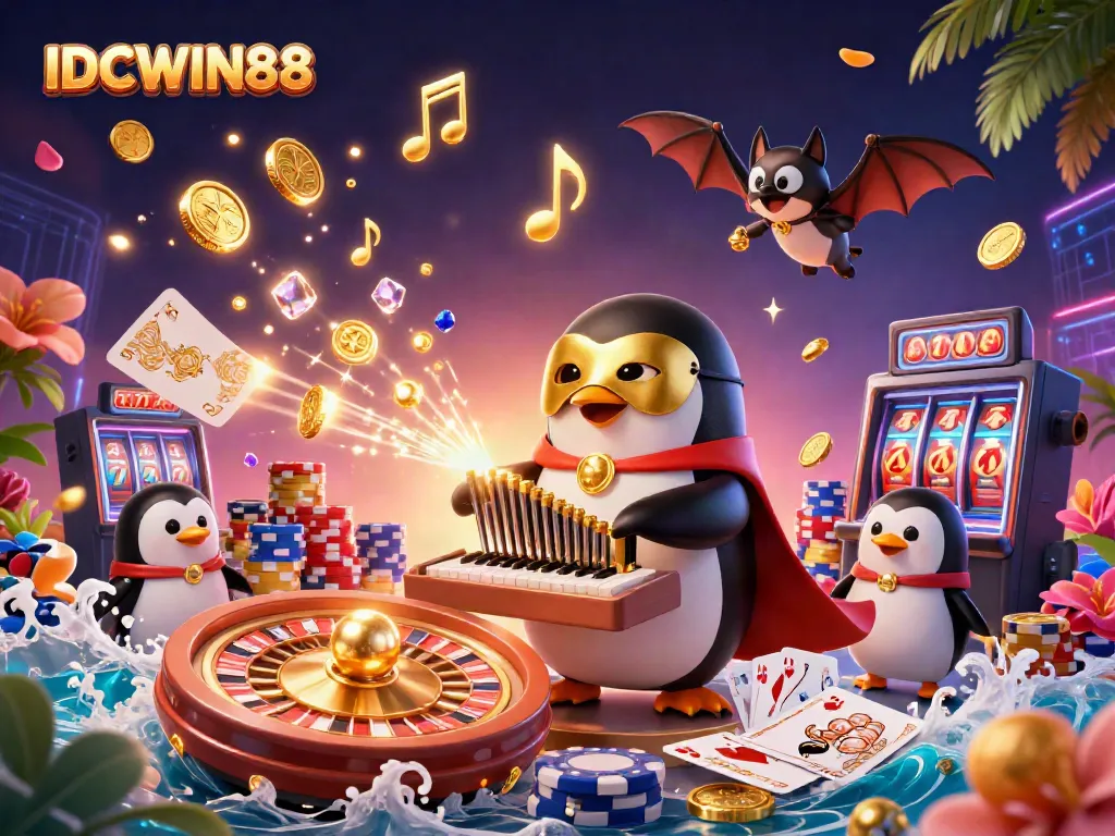 Experience thrilling gameplay at IDCWIN88 with cascading golden coins and lively casino elements.