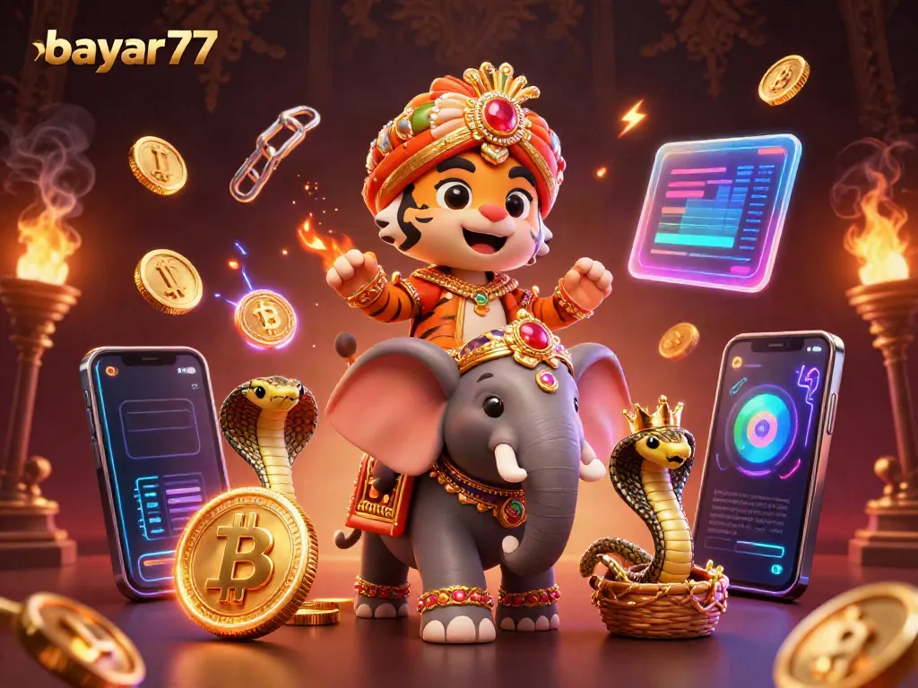 Experience seamless gaming with bayar77, featuring an embellished elephant and crypto elements.