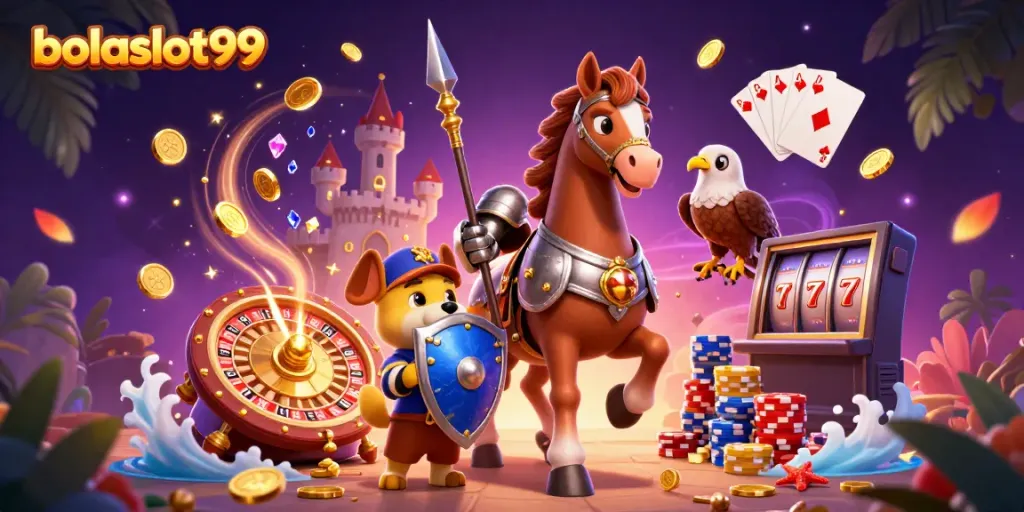 Experience exciting gameplay with bolaslot99 featuring a medieval knight and whimsical characters in a colorful casino setting.
