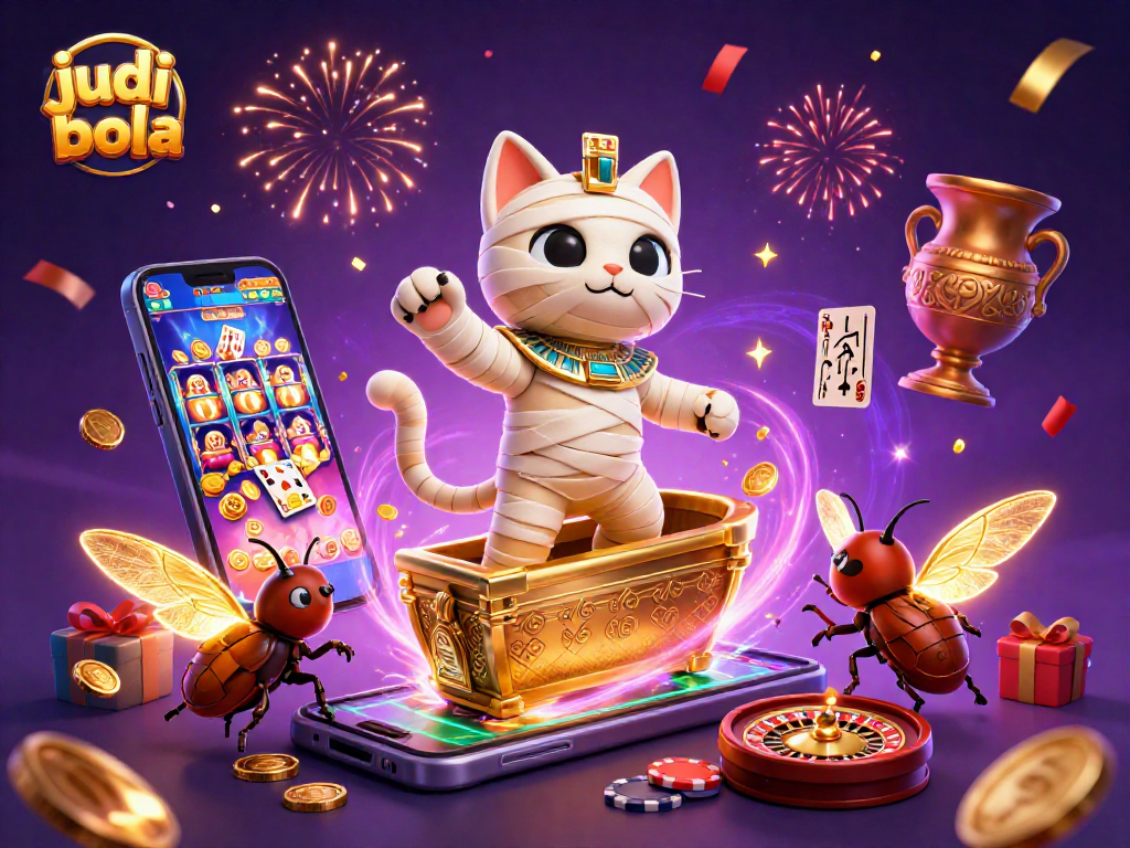 Engage in judi bola with this vibrant 3D scene of a mummy cat and scarab amidst casino games, capturing the thrill.