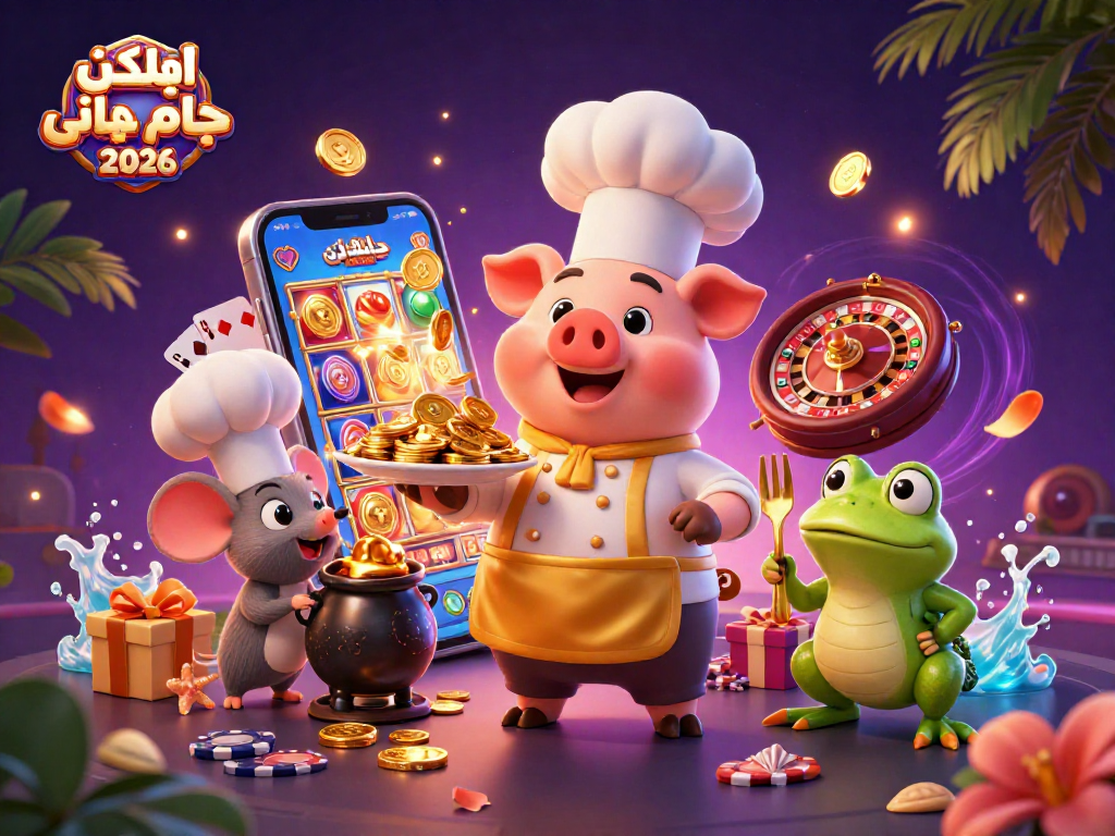 Engage with the اپلیکیشن جام جهانی 2026 featuring a lively 3D scene showcasing gambling characters and elements.