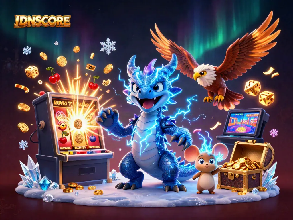 Experience the electric excitement of IDNSCORE with a dynamic casino-themed 3D illustration packed with vibrant characters and elements.