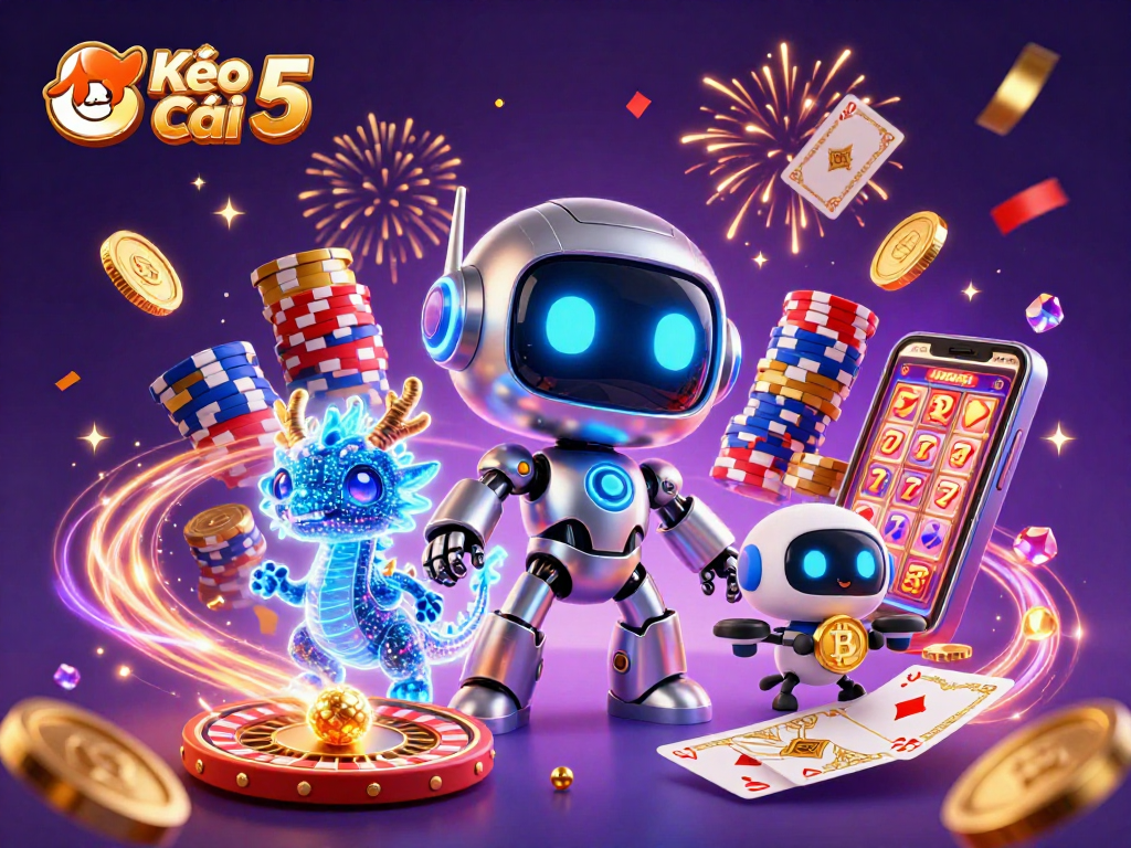 Kèo Nhà Cái 5 showcases a vibrant 3D casino scene filled with dynamic characters, animated slot machines, and colorful game elements.