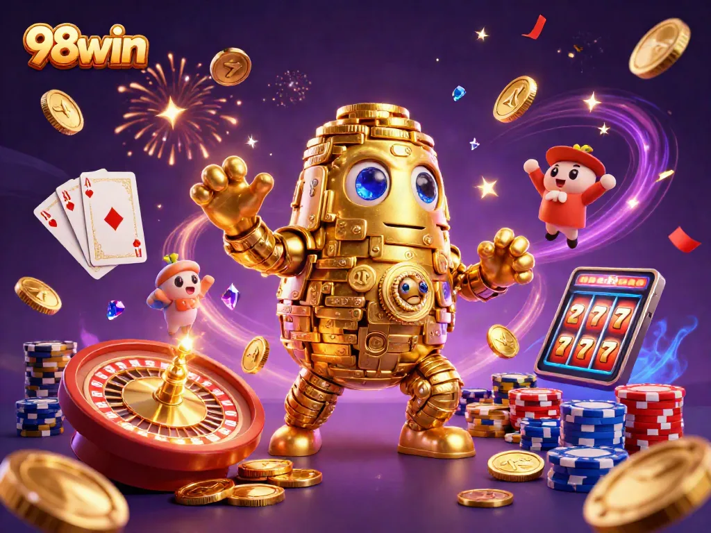 Engage with 98win's dynamic casino illustration featuring a golden golem amid cascading coins and vibrant gaming elements.