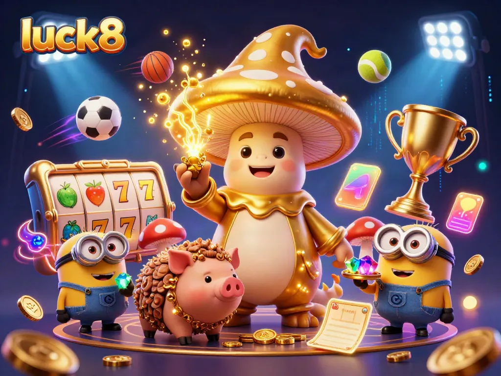 Engage with luck8 in this vibrant, dynamic casino scene filled with gold and sports elements.