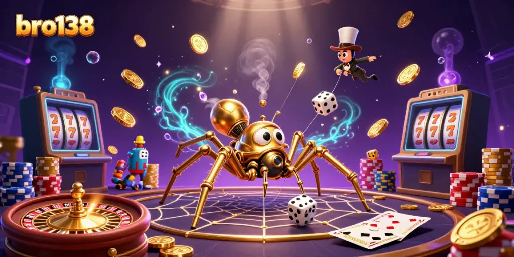 Experience thrilling game features with bro138, showcasing steampunk casino elements and vibrant rewards.