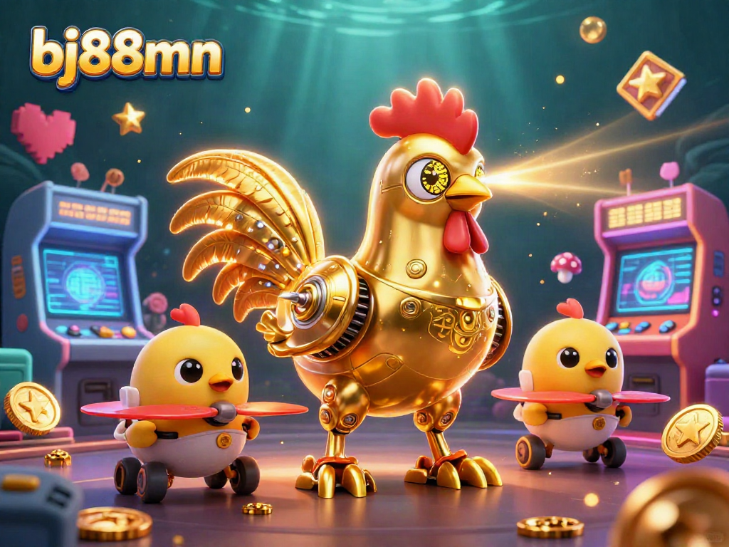 Engage with the bj88mn brand through this vibrant 3D illustration of a golden rooster robot amidst thrilling casino game elements.