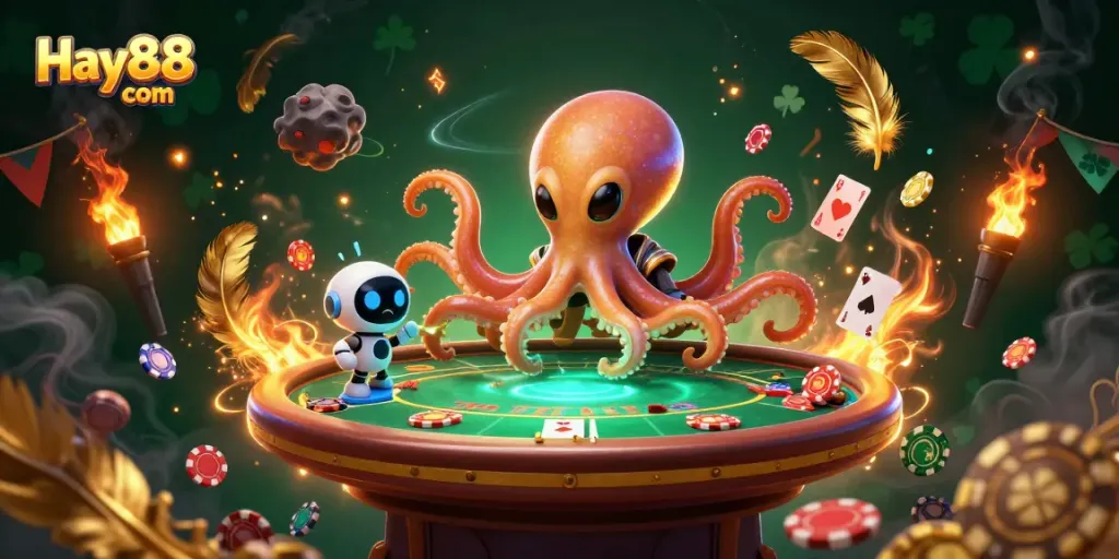 Engage in thrilling poker action at Hay88 com featuring a vibrant alien octopus and robot companions.