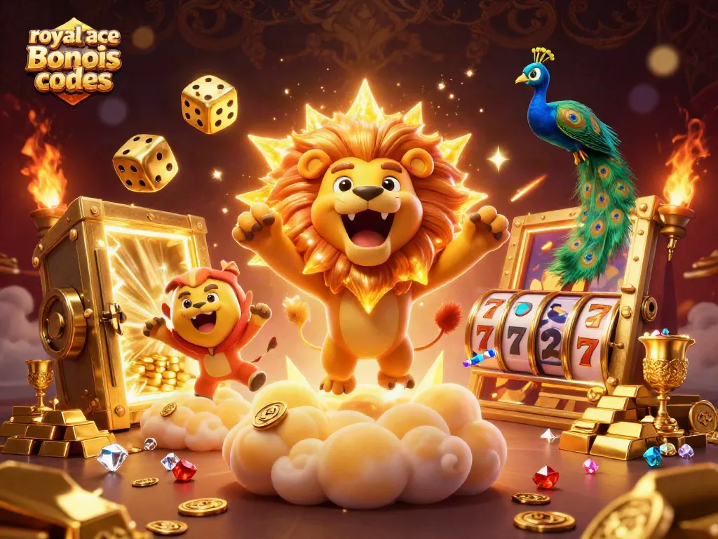 Experience royal ace bonus codes with a vibrant 3D casino illustration featuring a roaring lion and golden dice.