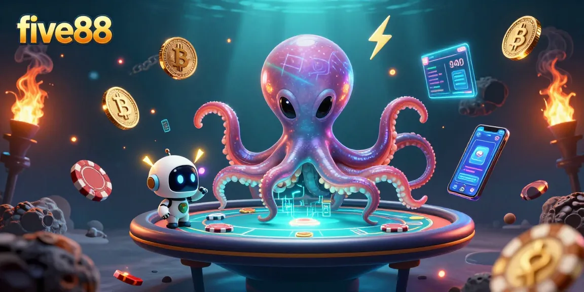 Experience the thrill of five88 with a 3D alien octopus managing a holographic poker table amidst crypto elements.