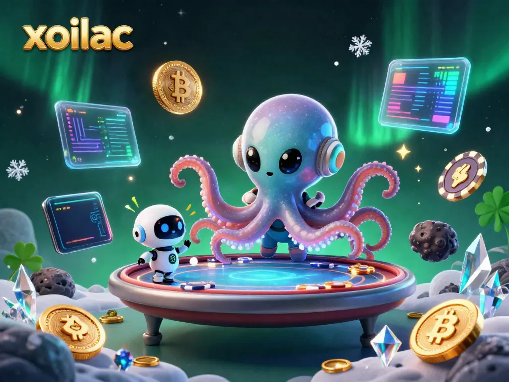 Xoilac alien octopus hosts a holographic poker game in a futuristic casino setting, showcasing Bitcoin and Ethereum.