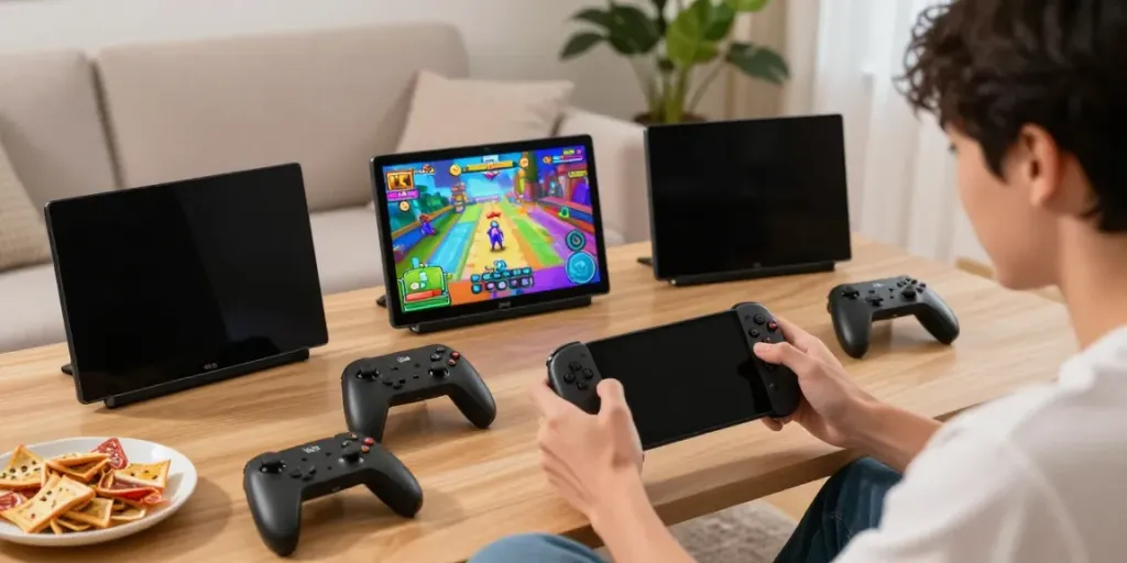 Person enjoying Yono Arcade mobile gaming in a cozy living room.