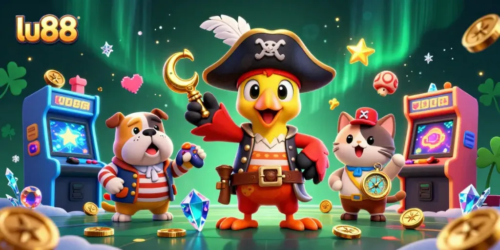 Join the excitement of lu88 with colorful gaming elements and lively characters in a fun casino scene.