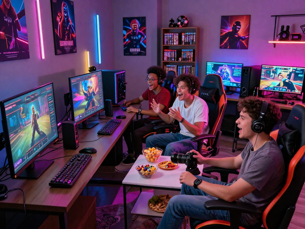 Friends enjoying an online porn game together in a vibrant gaming room full of excitement and colorful details.