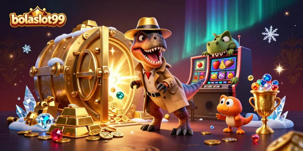 Bolaslot99 showcases a vibrant 3D scene with a velociraptor at a slot machine, rich in treasures.