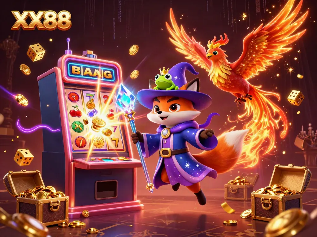 Experience thrilling casino action with XX88 amid a vibrant 3D illustration showcasing jackpots and gaming excitement.