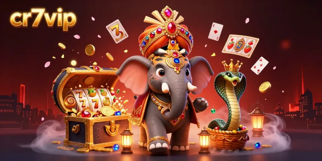 Menangkan permainan slot di CR7VIP dengan ilustrasi tigreal Maharaja dan simbol keberuntungan.