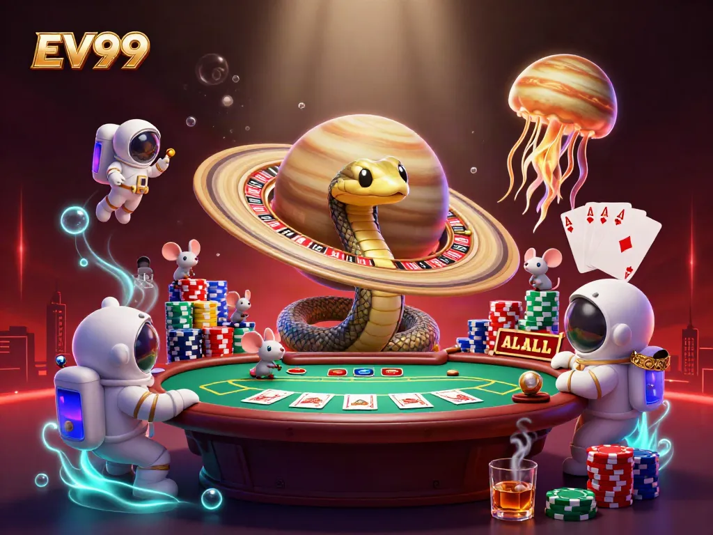 EV99 gaming scene with astronauts betting on a cosmic roulette wheel and casino elements