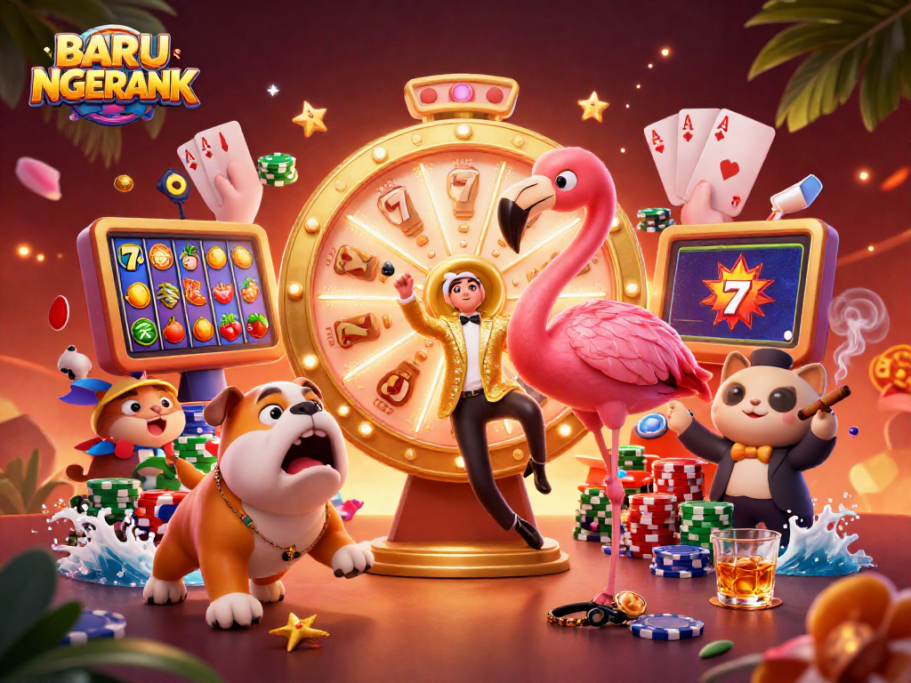Spin winning slots with BARU NGERANK while enjoying a vibrant casino scene filled with dynamic game elements.