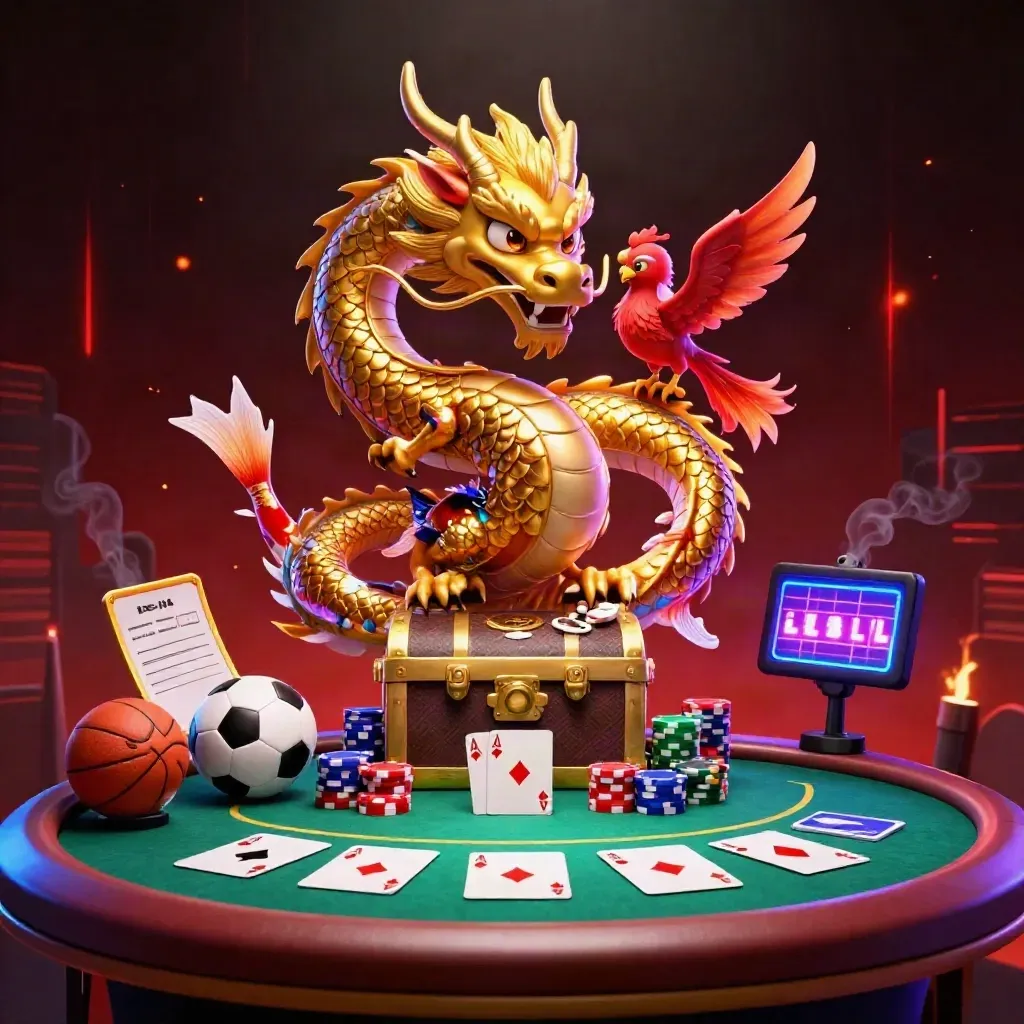 Golden dragon, phoenix and koi erupt around casino props in a neon cobalt fantasy scene.