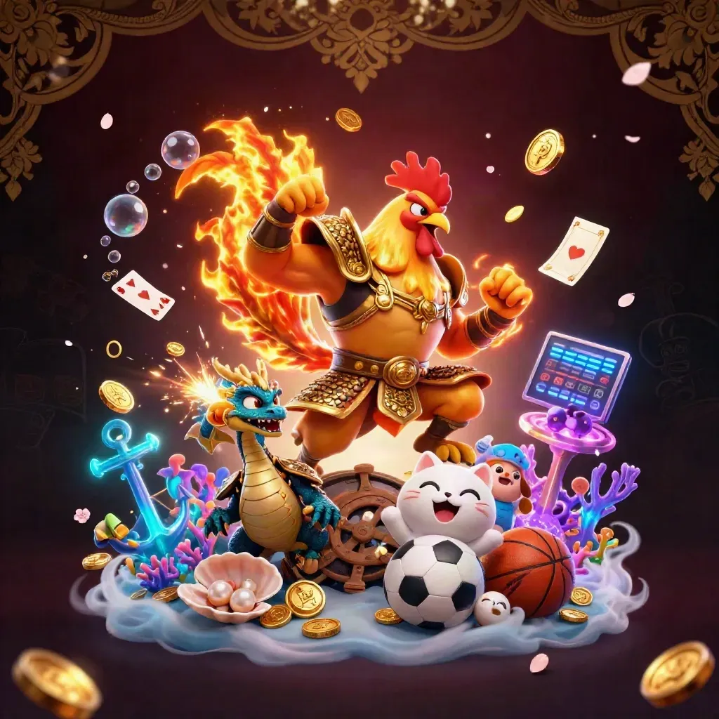 Rooster warrior, dragon hatchling, and fortune-cat amid treasure, neon fog, and casino relics.