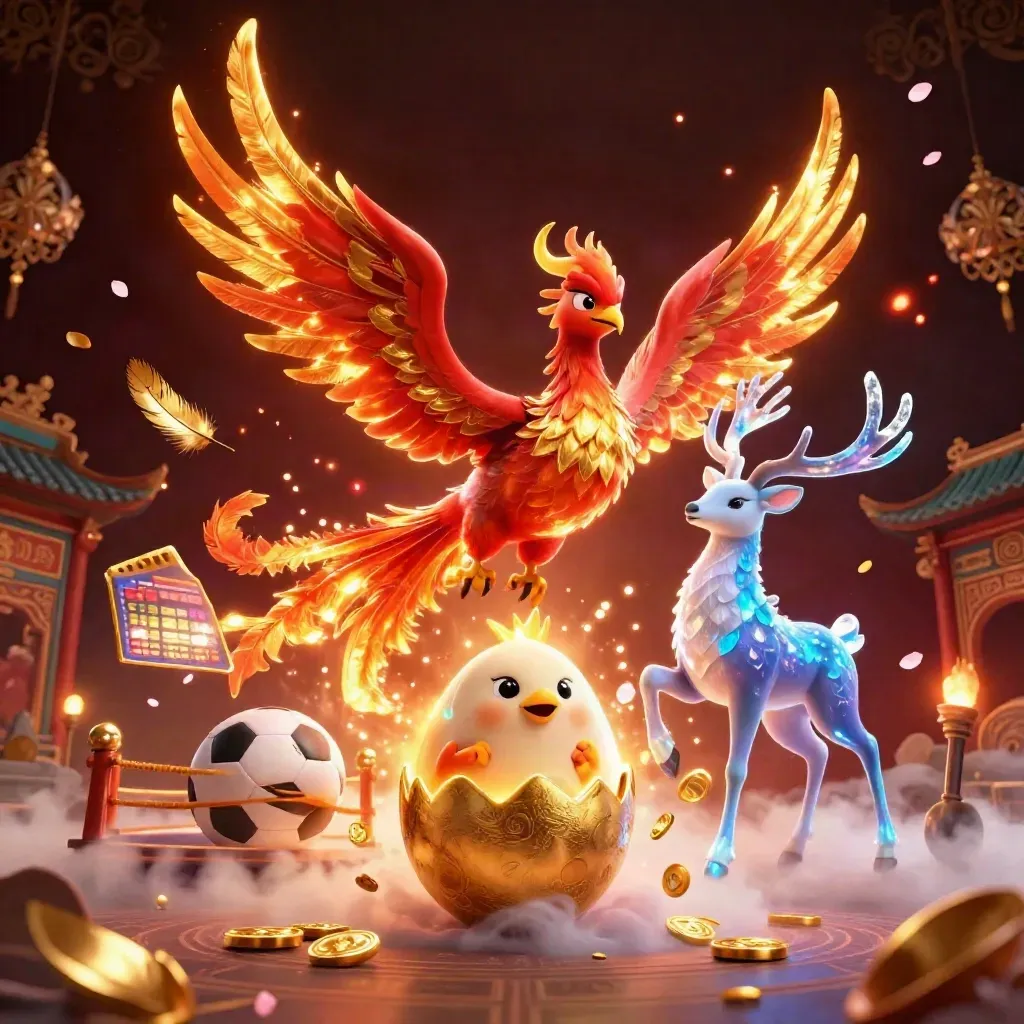 Low-angle fantasy casino scene: phoenix, hatching chick, crystal stag, coins, balls, and neon fire.