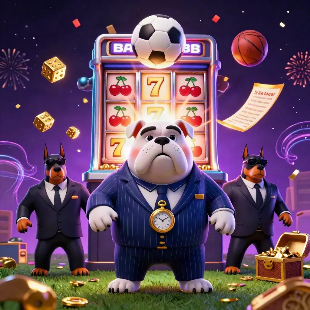 Cinematic bulldog mobsters, slot machine burst, soccer ball, gold, and neon casino energy.