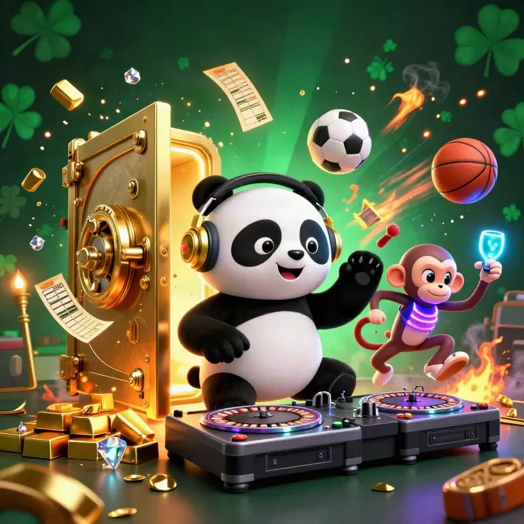 DJ panda, breakdancing monkey, and glow-stick kitten amid casino loot, neon lights, and sports balls.