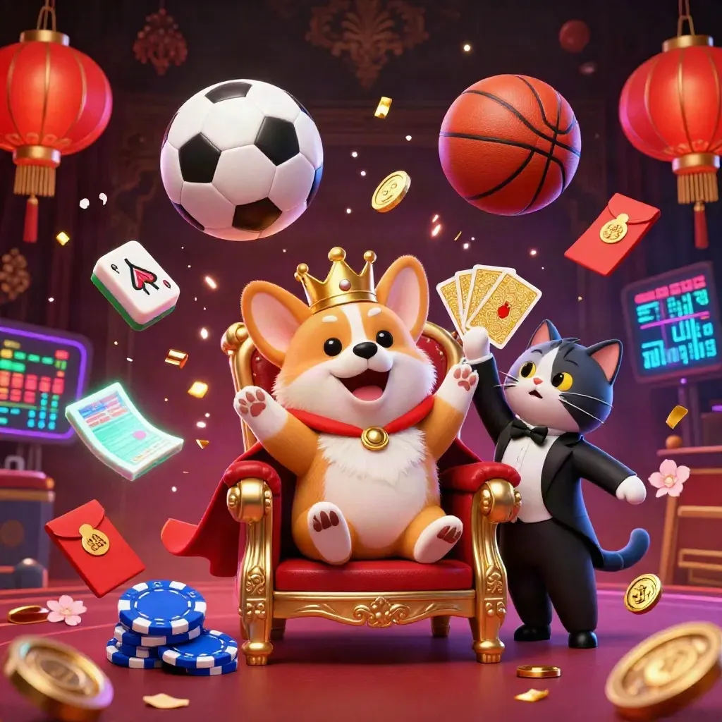 Corgi king and cat butler amid casino props, neon energy, balls, chips, lanterns, and fireworks.