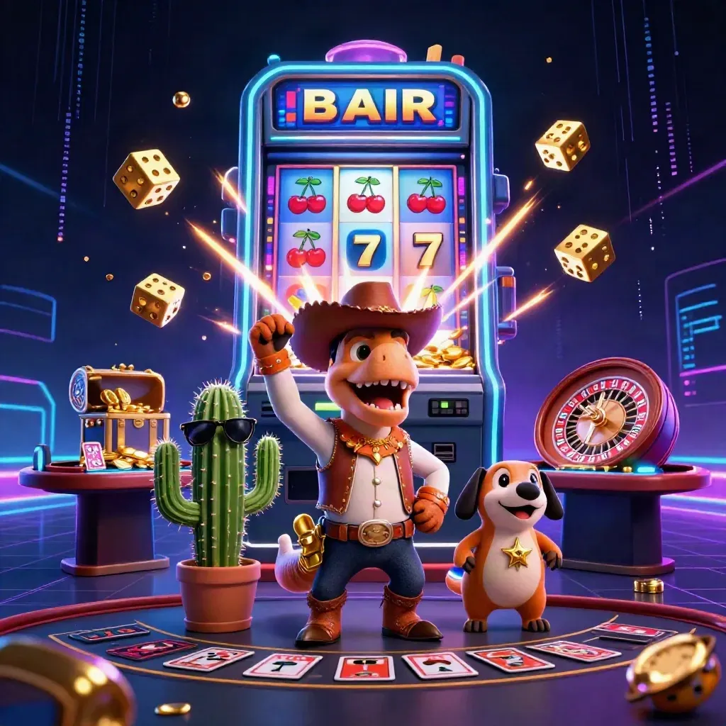 Cowboy T-Rex, cactus sidekick, and roadrunner in a neon casino scene.