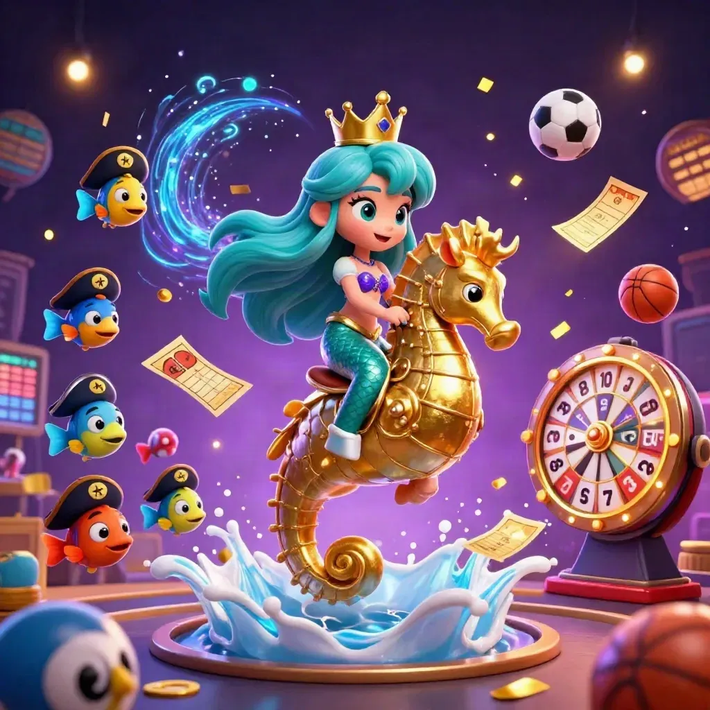 Mermaid princess on armoured seahorse with pirate fish, lottery balls, bingo card, and prize wheel