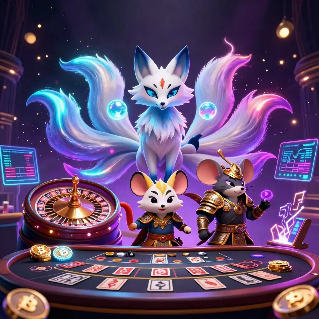 Neon fox spirit and armored mouse amid casino glow, crypto coins, charts, and purple starlight.