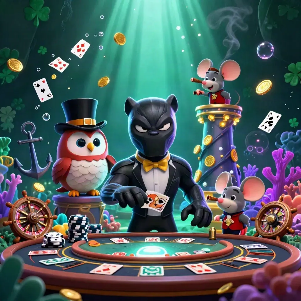 Panther, owl, and mouse in a neon underwater casino with treasure, cards, and glowing light.