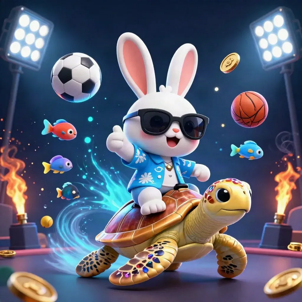 Lucky rabbit rides a gem-shell sea turtle amid sports balls, coins, trophy, and cyan casino glow.