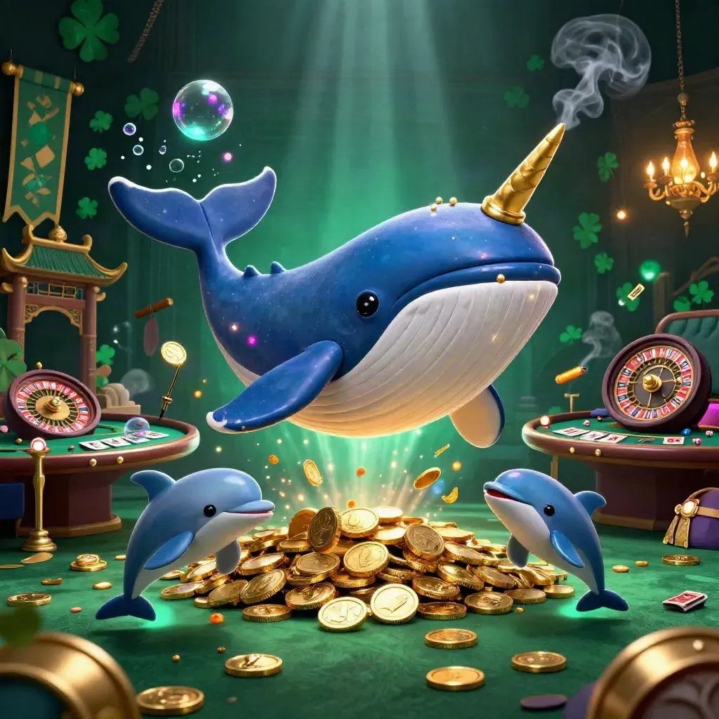 Whale, narwhal, and dolphins in a luxe neon casino room with coins, brass, and glowing sea-light.