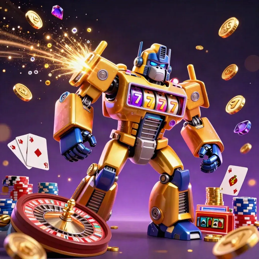 Golden gorilla mech with tiny monkey pilot blasting coins, gems, chips, cards, and roulette lights