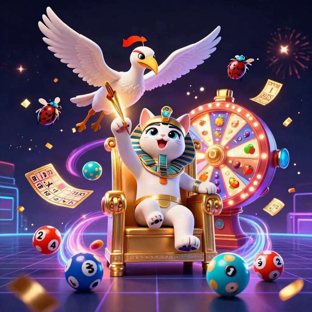 Pharaoh cat, ibis scribe, and gem-winged scarabs amid casino bursts and neon energy