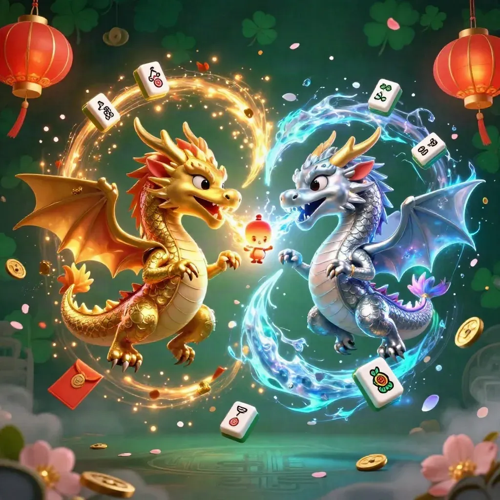 Gold and silver dragons entwined in cyan fire-and-ice with casino icons bursting around them.