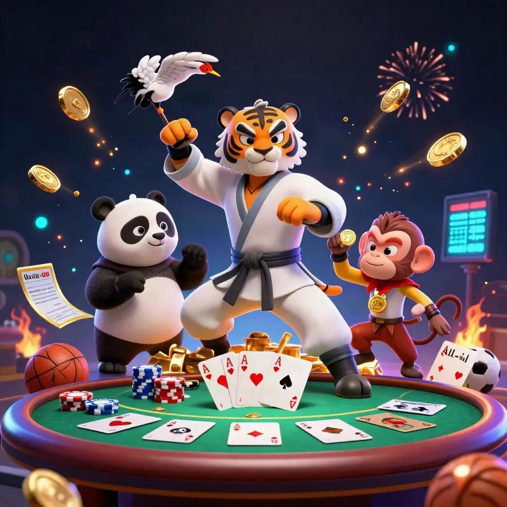 Kung-fu tiger, panda, and monkey amid coins, poker chips, and neon casino treasure burst