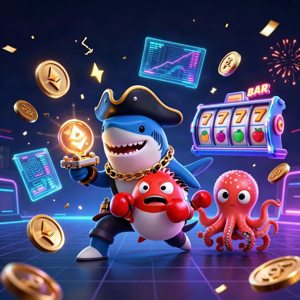 Pirate shark, boxing pufferfish, and juggling octopus amid neon casino bursts and coins.