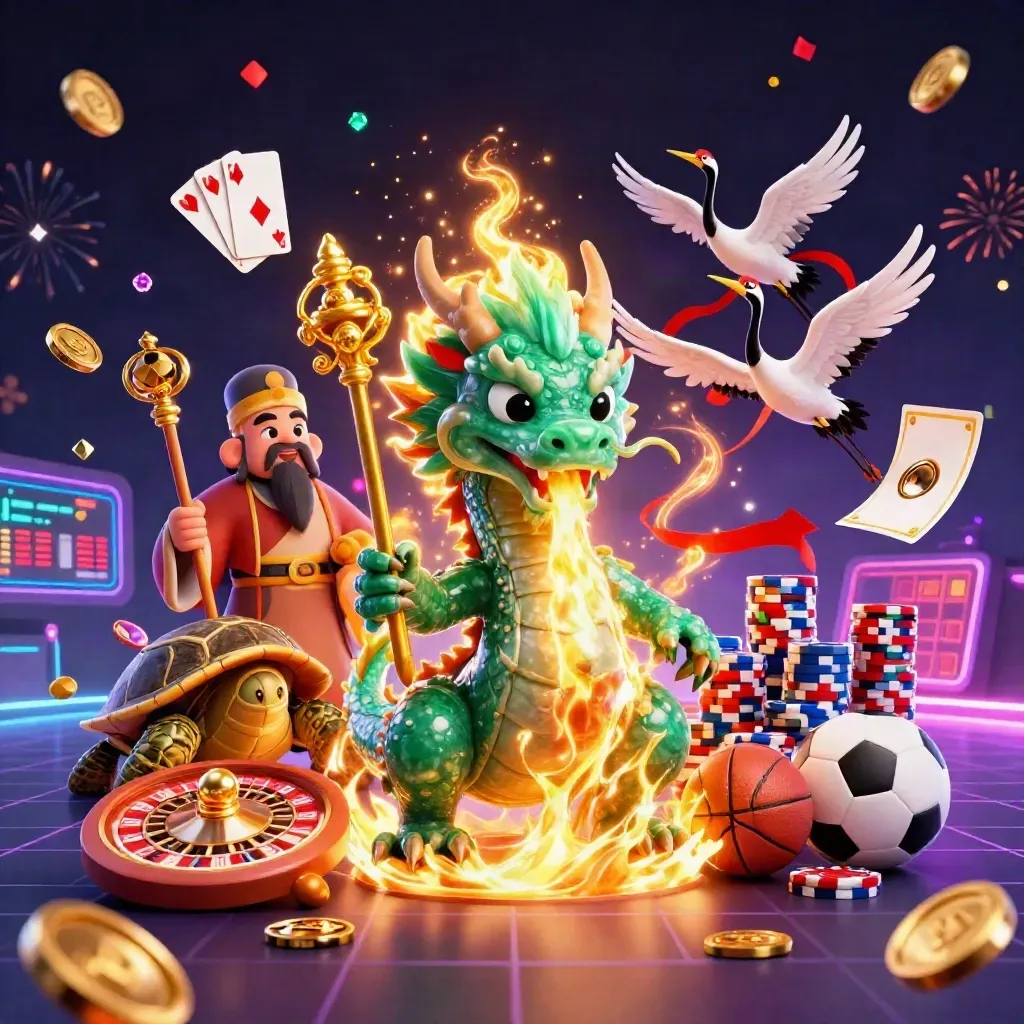 Jade dragon, turtle sage, and cranes erupt in coins, fire, and casino neon.