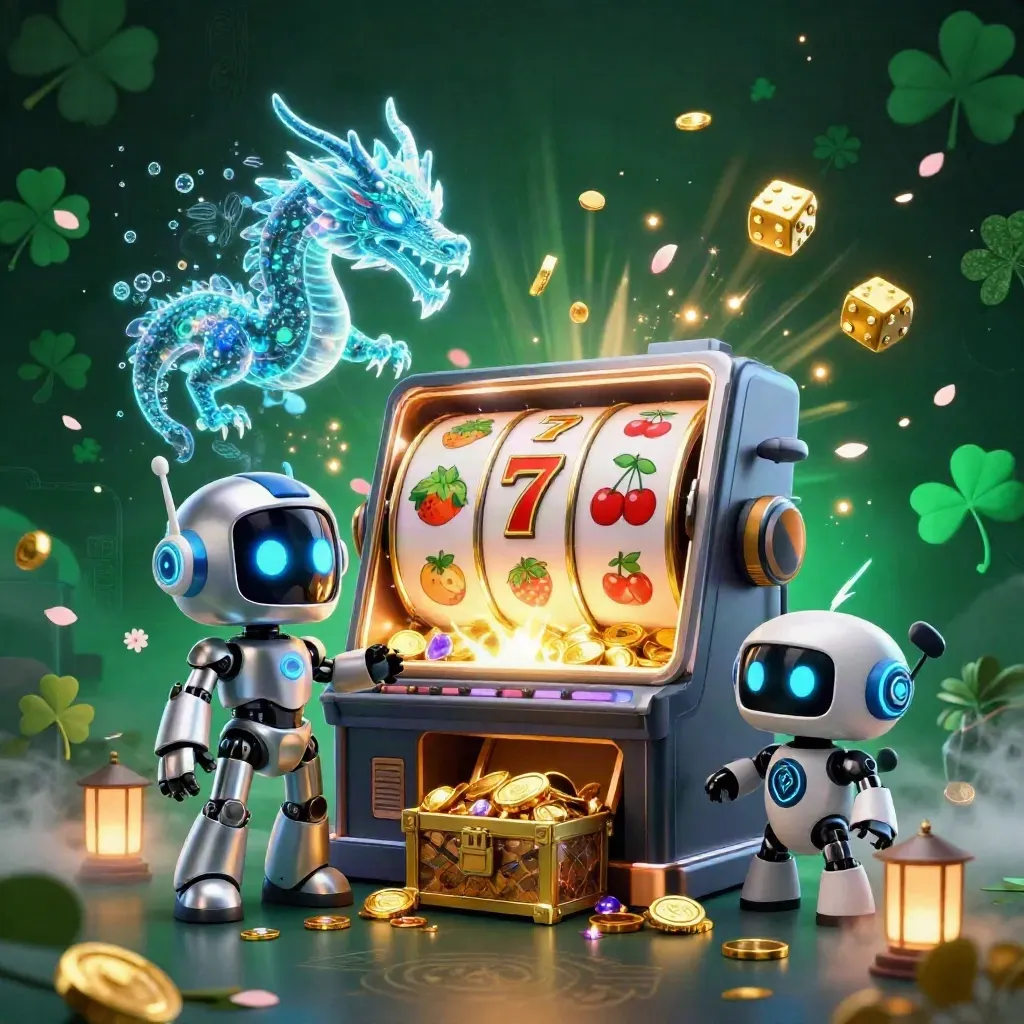 Cyberpunk robot, AI dragon and coin drone burst around a jackpot slot machine in neon casino glow.