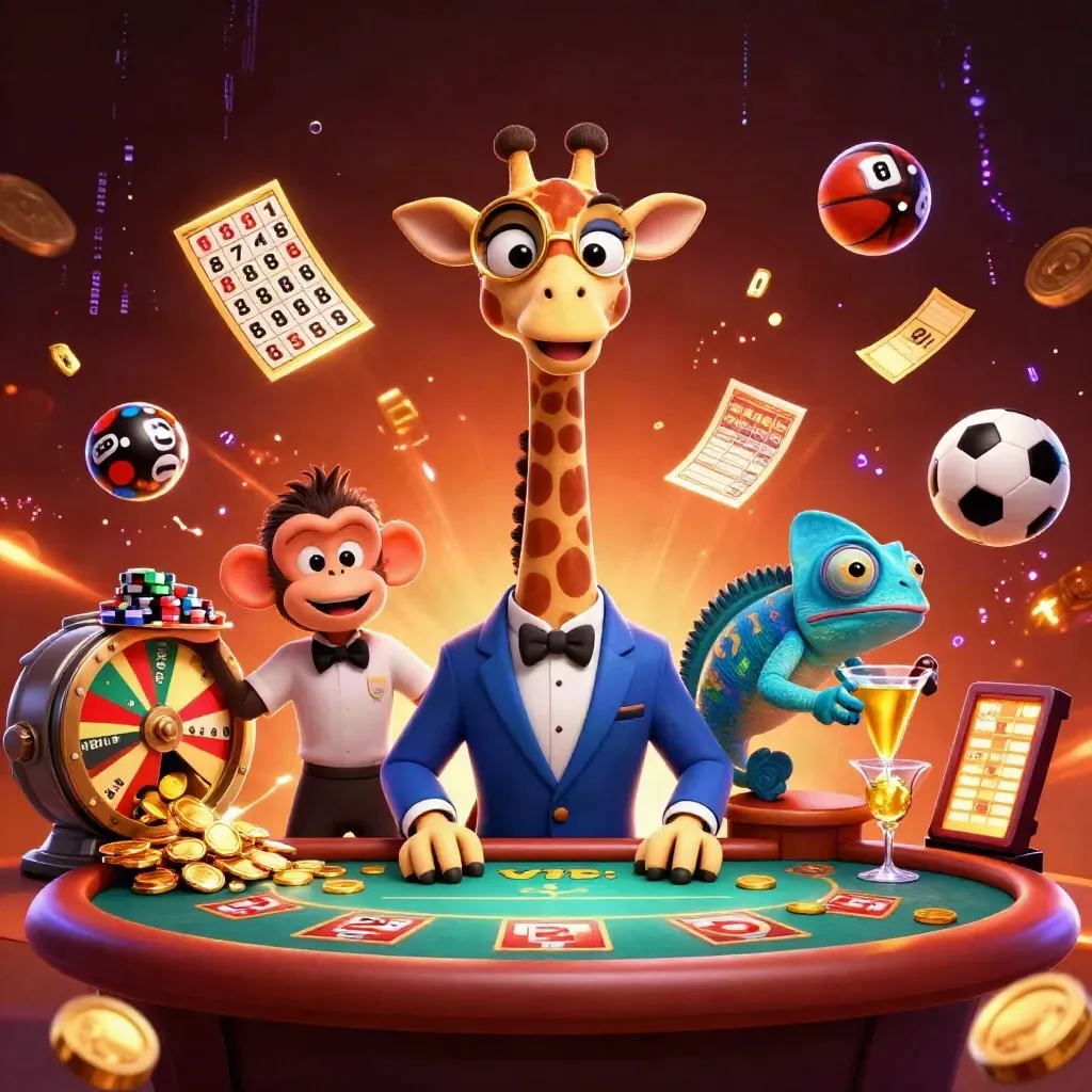Giraffe, monkey, and chameleon at a neon VIP poker table amid coins, fireworks, and prizes.