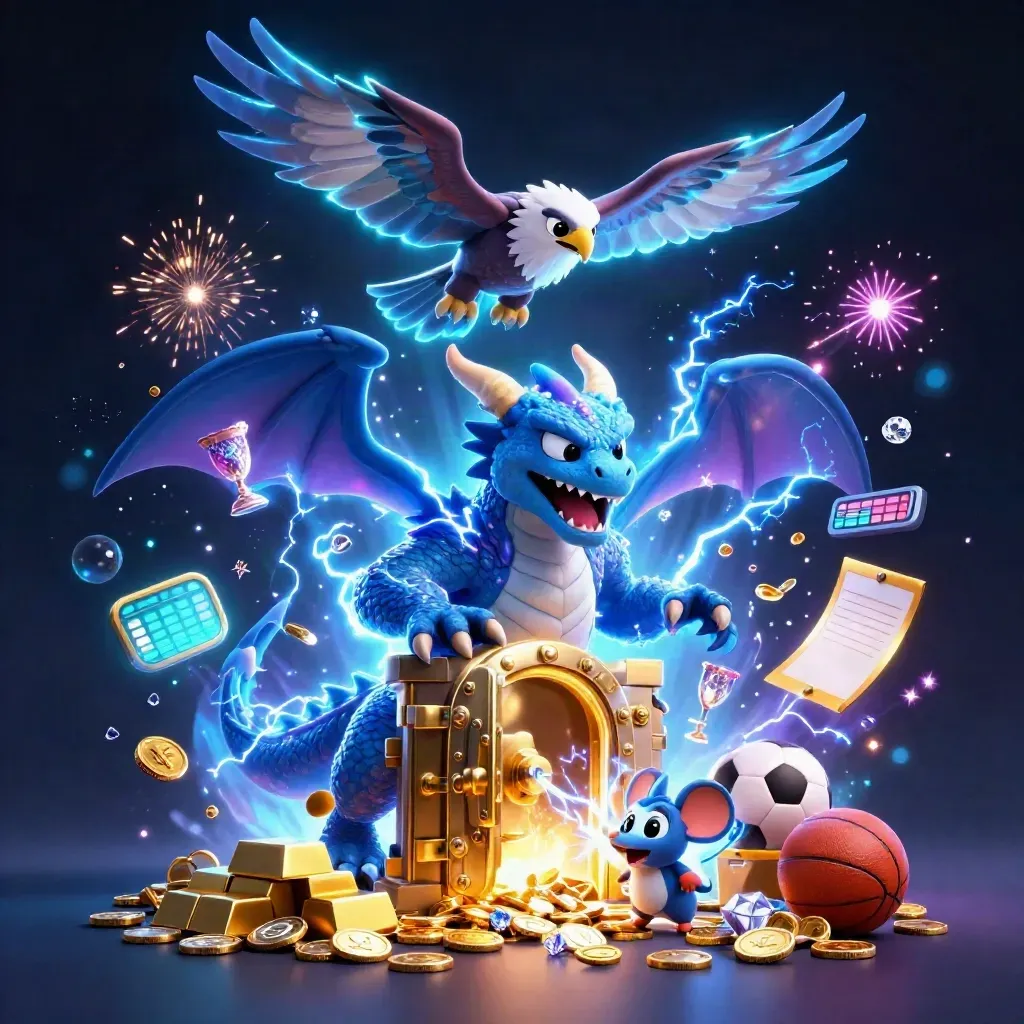 Thunder dragon, glowing hawk, and static mouse burst from a golden vault with coins and gems.