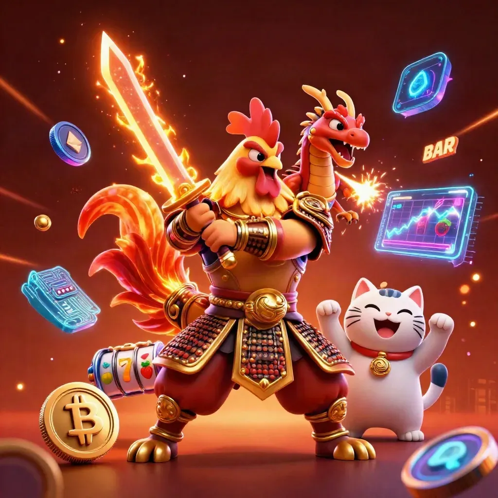 Rooster samurai, spark-breathing dragon hatchling, and fortune cat amid neon casino symbols