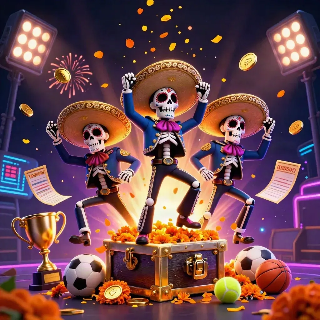 Skeleton mariachi trio burst from a vault amid coins, sports balls, trophy, and neon fireworks.